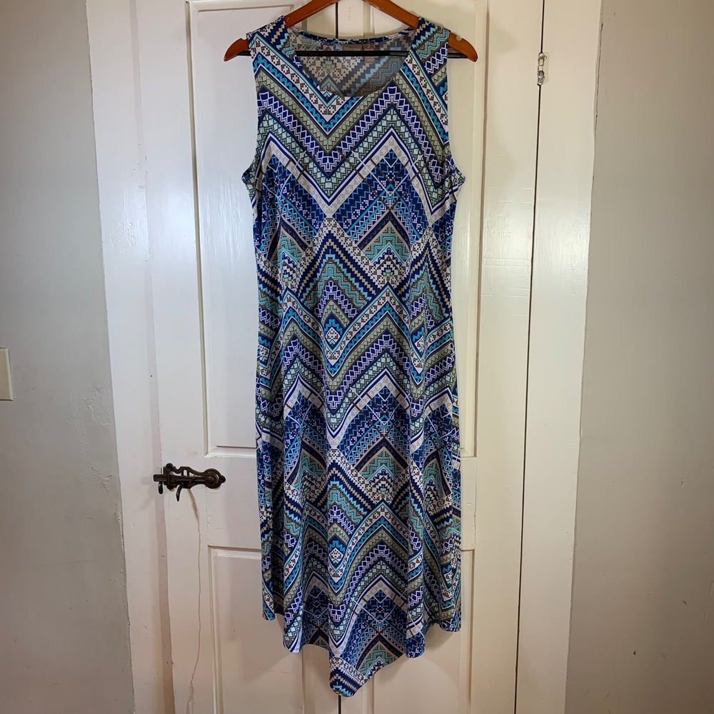Chico's 2 Geo Print Handkerchief Hem Maxi Dress Blue Green Sleeveless Boho Large